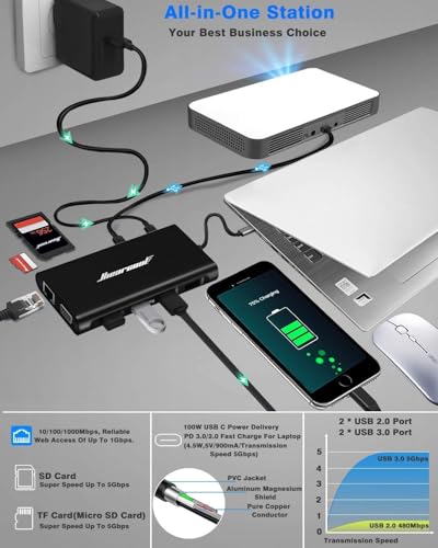 Image of Hiearcool USB C Laptop Docking Station, 11-in-1 Type C Hub Multiport Adapter Dongle, USB C Dock with Dual HDMI VGA 100W PD Charging Gigabit Ethernet for Dell HP Lenovo Windows Laptops