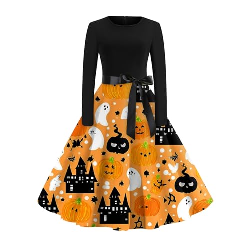 Herbstkleid Damen Abendkleid Damen Retrokleid Für Maskenbälle Modisch Kostumkleid Runder Spitzenkragen Dress Gelb S