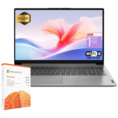 Lenovo IdeaPad 1 Student Laptop, Intel Dual Core Processor, 8GB RAM, 128GB eMMC + 1TB OneDrive, 15.6' FHD Display, Office 365 Lifetime for the Web, Win11 H, Webcam w/Privacy Shutter