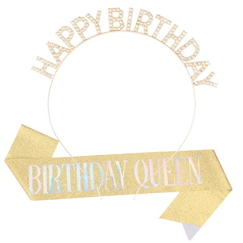 Didder Happy Birthday Tiara & Birthday Queen Sash Birthday Crown Rhinestone Birthday Tiara for Women Birthday Girl Headband Princess Crown Happy Birthday Accessories Gifts, Gold