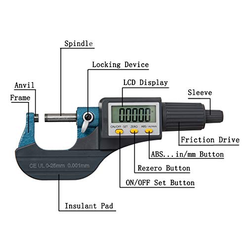 Beslands Digital Electronic Display Micrometer 0-1" / 0-25mm Gauge 0.00005" / 0.001mm Thickness Measuring Tools Inch/Metric