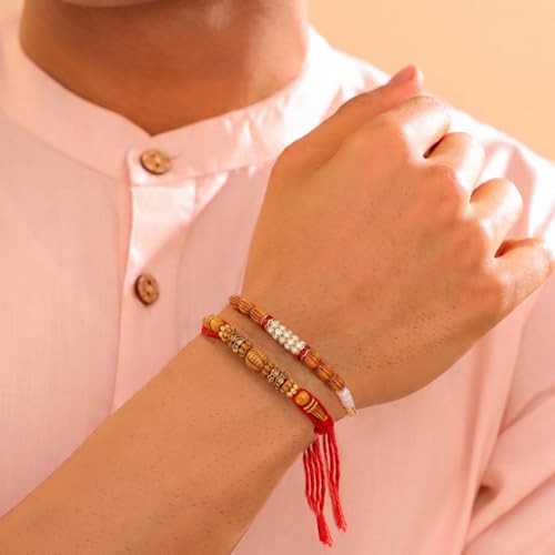 Image of Peora Rakhshabandhan Thread Rakhi for Brother Bhaiya | Kundan Beads & Crystal Studded | Combo Set of 2 | Rakhi Hamper Roli Chawal & Greeting Card
