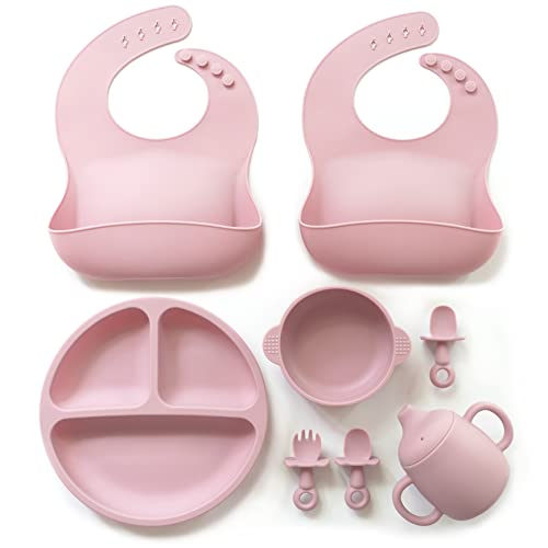 Image of Clover Clover 9 Piece Baby Led Weaning Supplies- Toddler Feeding Set- Silicone Divided Suction Plate with Lid, Suction Bowl, Sippy Cup, 2 Bibs, 2 Soft Spoons and Fork 6 Months+ (Matte Pink)