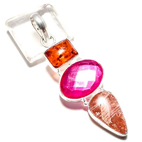 Pendentif ambre Baltique facettes argent 925 topaze rose cabochon unique