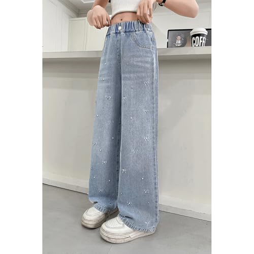Baggy Jeans for Girls Embroidered Bows Rhinestone Wide Leg Pants Adjustable Waist Pearl Cute Jeans for Girls Preppy Coquette4