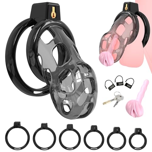 BDSMYOU F-2.0 Peniskäfig Silikon,Deluxe Sissy Keuschheitskäfig Herren mit Fake Frau Pussy Penis Plug + 6 Hodenringe,BDSM Chastity Cage Male Sex Toyset Herren,Keuschheitsgürtel Gay Cock Cage (L)