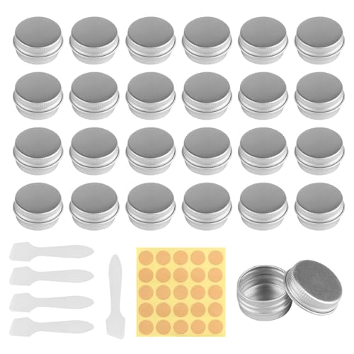 24 Piezas Tarros Cosmeticos Aluminio, 5ml Tarros de Crema Viaje，Latas Envases de Aluminio con Tapa Pequeños, Tarro Muestra Cosmética, Envases Vacíos de Bálsamo Labial, con Pegatinas y 5 Cucharas