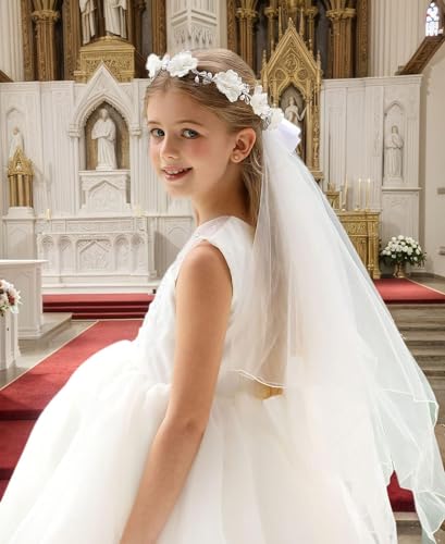 Floral Fall First Communion Flower Girls Bow Wedding Veil White Flower Wreath Pearl Rhinestone Floral Crown2