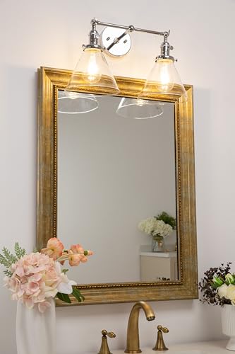 Image of PERMO Double Sconce Chrome Industrial 2-Lights Wall Sconces with Funnel Flared Glass Clear Glass Shade Vanity Light for Bedroom (Chrome)