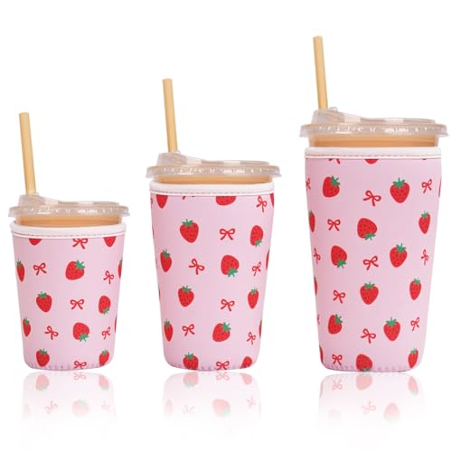 Image of Reusable Insulated Sleeve for Iced Coffee Cup, 3-Pack Coffee Neoprene Drink Sleeve for Cold & Hot Drinks, Beverage Holder for Iced Coffee (Pink Berry Bows)