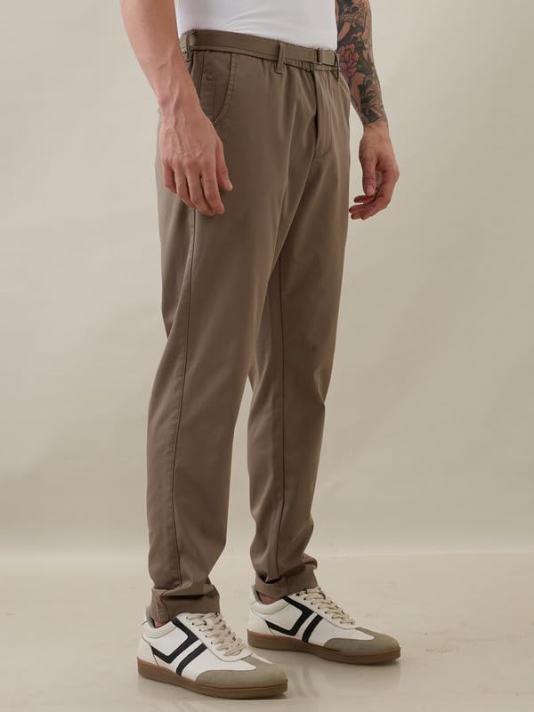 Image of Nostrum Men's Smart-Casual Tapered Trousers for Men, Charcoal, Cotton Corduroy, Mid Rise, Regular Slim Fit with Adjustable Belt, Side and Back Pockets, Casual Wea