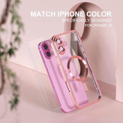 Image of Misea Magnetic for iPhone 16 Case Compatible with MagSafe Pink | [Never Yellowing] [Military Drop Protection] Full Camera Lens Protector Plating Soft Clear Phone Case for Women, Pink