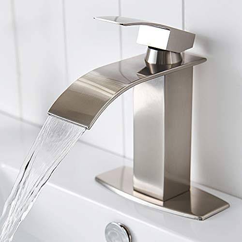 Hoimpro Waterfall Spout Brushed Nickel Bathroom Faucet,Single Handle Bathroom Vanity Sink Faucet, Rv Lavatory Vessel Faucet Basin Mixer Tap with Deck Plate, Lead Free Solid Brass (One or 3 Hole)