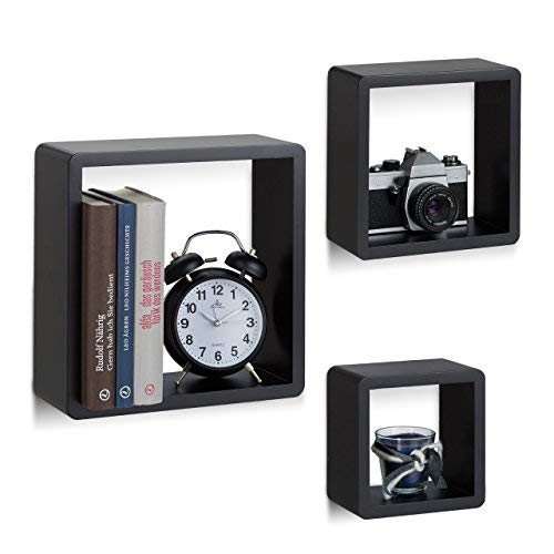 Relaxdays Juego de Estantes Cubo de Pared, Madera, Negro, 10x27x27 cm, 3 Unidades