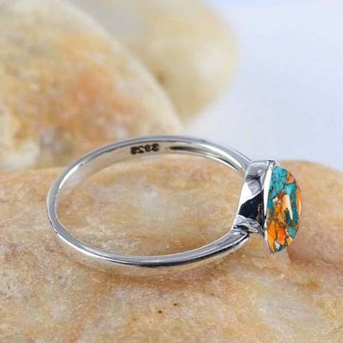 Spiny Oyster Copper Turquoise Ring 925 Sterling Silver Ring Round Shape Handmade Turquoise Ring For Women Everyday Ring For Birthday, Wedding Gift For Her Orange Gemstone Ring By NKG2