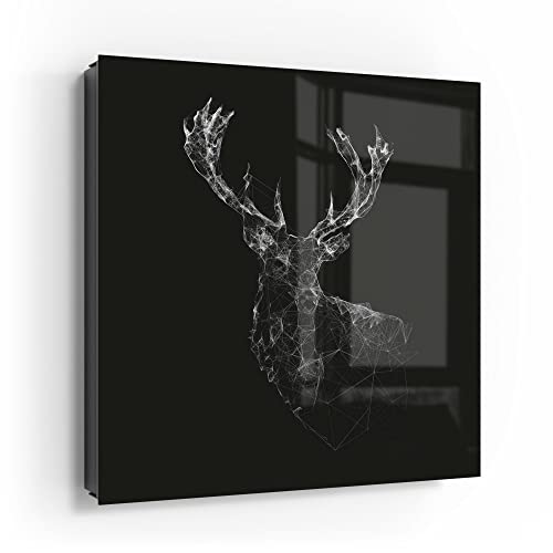 DEQORI Schlüsselkasten schwarz | 30x30 cm | Motiv Digitalisierter Hirsch | Glas & Metall Schlüssel-Box | Schlüsselschrank mit 50 Haken + 2 Magnete | Moderne Box magnetisch & beschreibbar