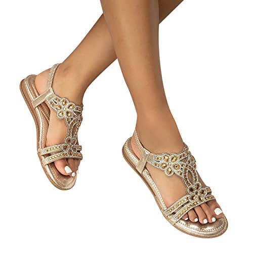 Summer Beach Sandals for Women 2025,Crystal Rhinestone Pearl Flat Sandals for Women Dressy Bling Sparkly Thong Sandals Comfortable T Strap Slip-On Shoes Casual Walking Sandals Strappy Sandals ﻿4