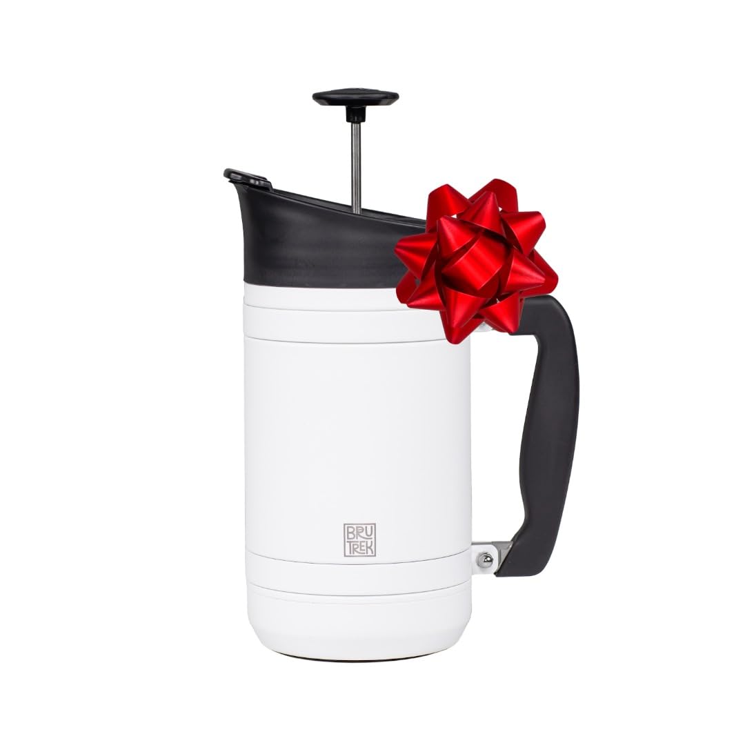 BruTrek Basecamp Coffee Press - Double Wall Vacuum Insulated Stainless Steel - Bru-Stop Technology, No Grounds in Coffee, No Spill Lid (Snowflake White, 32 fl.oz)