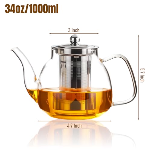 Image of PARACITY Glass Teapot Stovetop 34 OZ, Borosilicate Clear Tea Kettle with Removable 18 /8 Stainless Steel Infuser, Teapot Blooming and Loose Leaf Tea Maker Tea Brewer for Camping, Travel