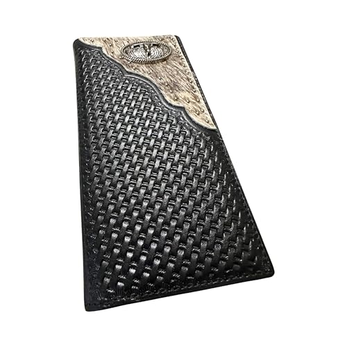 Western Long Leather Wallet for Men – Basketweave Tooled with Cowhair Inlay and Large Longhorn Concho – Cowboy Rodeo Style