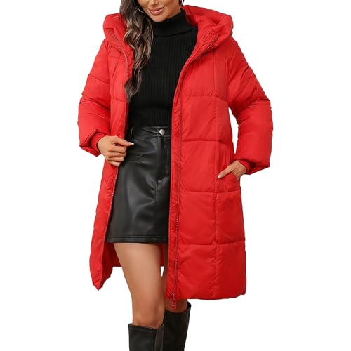 Abrigo largo acolchado con capucha para mujer, chaqueta de invierno acolchada con cremallera completa, ligera y bolsillos, rosso, XL