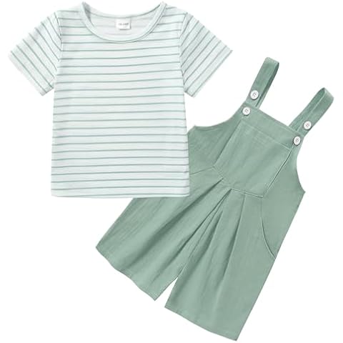 ZOEREA Toddler Girl Clothes, 2Pcs Baby Girl Outfits Spring/Summer Stripe/Floral T-Shirt+Bib Overall Shorts Clothing Set 1-5T (Green A, 3-4T) Cover