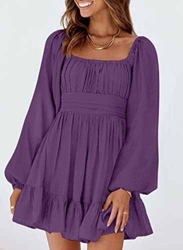 Image of Dokotoo Womens Dress Lantern Sleeve Elastic Waist Tie Backless Mini Dress | Square Neck,Off Shoulder,Flowy,Ruffle A-Line,Casual,Mini Dress,Beach Vacation Clothes,Fall Outifits,Wedding Guest,Boho