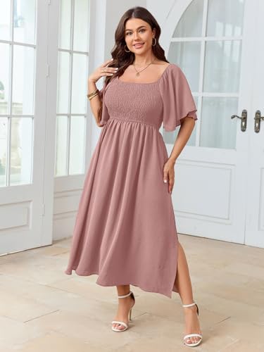 Women's Plus Size Dress Short Sleeve Square Neck Smocked Side Split Flowy A Line Long Maxi Dress2