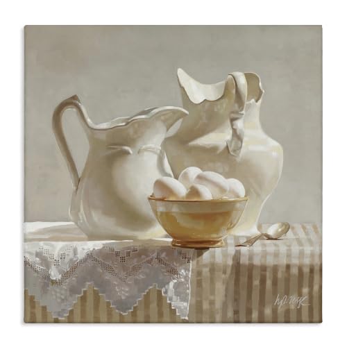 'Country White Pitchers Farm Table Still Life'| Canvas Art