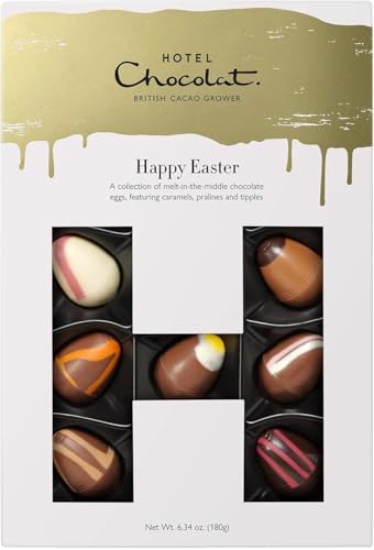 Hotel Chocolat Happy Easter H-Box - Easter Chocolate Box - 14 Milk, Dark And White Chocolate Eggs, 185G - Easter Chocolate Gifts