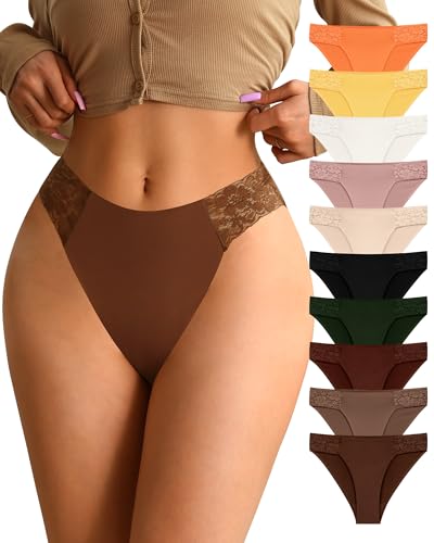 ASIMOON High Waist Bikini Underwear Womens Seamless Lace No Show Panties Soft Stretch High Cut Panties 10 Pack