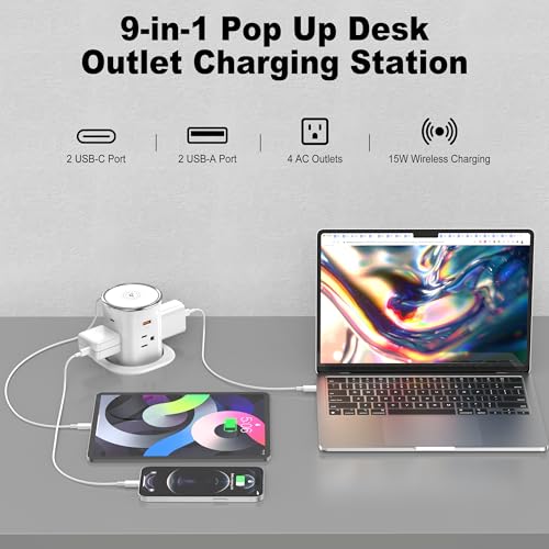 Pop Up Outlet for Countertop 3.15-inch Desk Wire Hole Insert,9-in-1 Power Strip with 15W Wireless Charger,4 Outlets 4 USB Ports,15Amp Tamper Resistant Receptacle, Space Saver