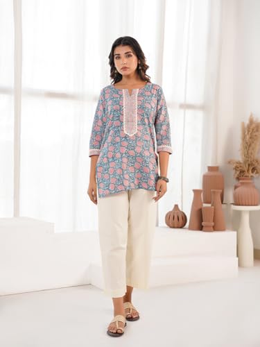 Image of Pure Cotton Printed Short Kurti for Women | Traditional Block Print Kurta Top | Casual & Workwear Ethnic Fashion