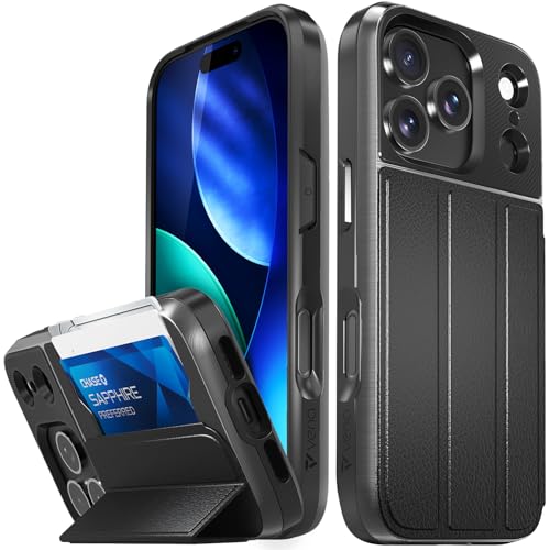 VENA vCommute for iPhone 17 Pro Wallet Case, [Military Grade Drop Protection] Flip Leather Cover Slot Card Holder with Kickstand - Black