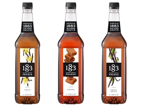 Image of 1883 Vanilla, Caramel, French Vanilla Syrups (Cafe Variety Pack) for Coffee & Drinks - 1 Liter Plastic Bottles (Pack of 3)