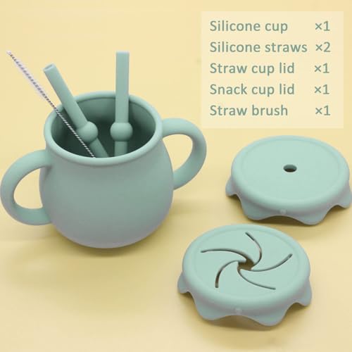 Image of Moonkie 2-in-1 Silicone Baby Cups with Straw and Lid for Snacks, 8.5 oz Spill-Proof Sippy Cups, Training Cup for Toddlers Ages (Green)