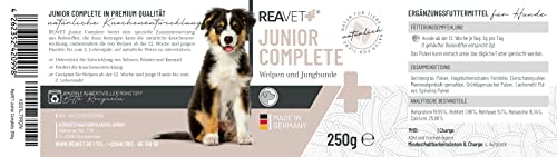 ReaVET Junior Complete für Hunde - Natürliche Knochenentwicklung für Welpen & Junghunde – Mit Grünlippmuschel, Hagebutte, Eierschalenpulver & Spirulina – Unterstützt Knochen, Gelenke & Sehnen 250g