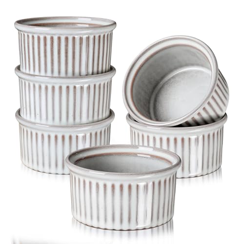 NUTRIUPS 6oz Ceramic Ramekins Set of 6 Vintage Souffle Dishes - Oven Safe Small Baking Bowls for Pudding Creme Brulee & Custard (Vintage Gray 6 OZ)