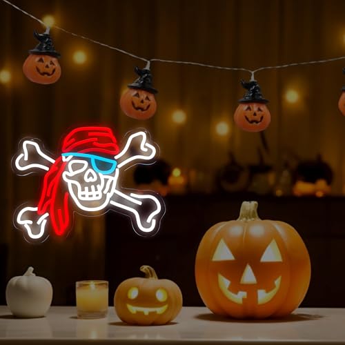 Image of Pirate Neon Lights Skull Neon Sign, USB Powered LED Decor | Halloween Wall Decor for Bedroom, Game Room, Bar, Party Decoration and Pirate Theme Gift