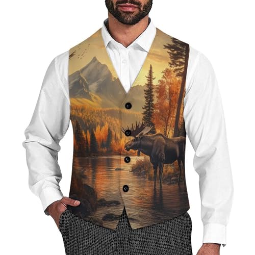 Moose in The River Men's Suit Vests Dress Vest V-Neck Waistcoat Slim Business Formal with Pocket