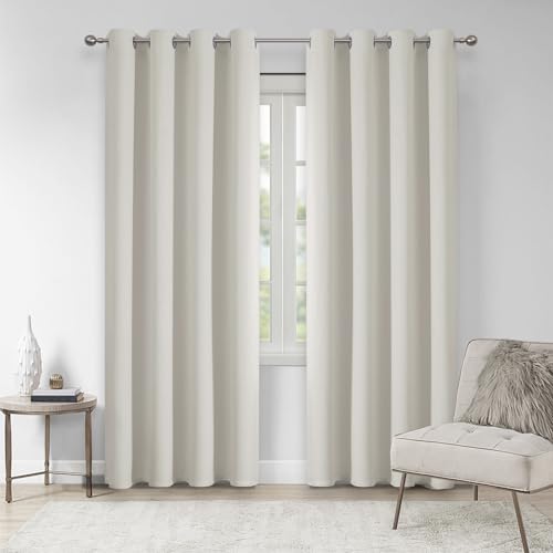 VEHEDE Thermal Insulated Curtains for Living Room, Light Beige Blackout Bedroom Drapes, Soft Eyelet Room Darkening Long Curtains, W46 x L90 Inch Drop Pair, 2 Panels