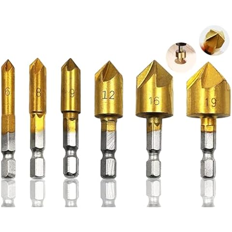 Countersink Drill Bit, Baban Countersink Drill Bit Set 6 Pcs 1/4'' Hex Shank HSS 5 Flute Countersink 90 Degree Center Punch Tool Sets for Wood Quick Change Bit 6mm-19mm Cover