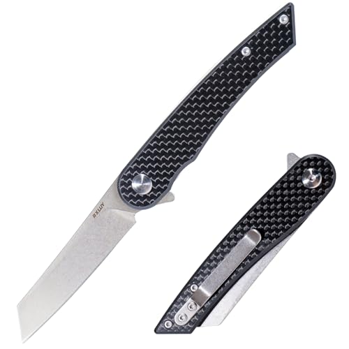 RXLUY Folding Pocket Knife, 2.79” 14C28N Steel Blade Carbon Fibre Handle Flipper Liner Lock Small Praxis EDC Folding Knife, Sharp Camping Outdoor Survival Knives for Men Women (Black)