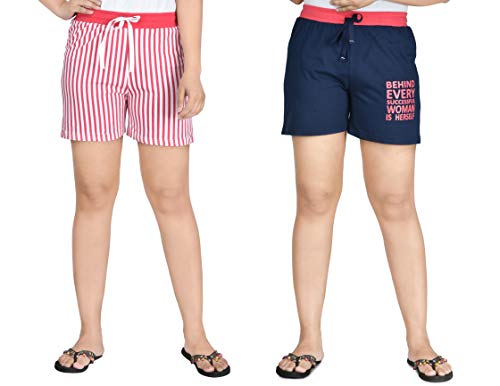 Image of Club A9 Women's Cotton Printed Shorts | Short Pants | Hot Pants (Pack of 2) (M, Pink Stripe, Navy Blue)