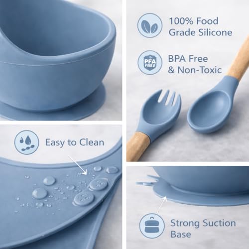 Image of 6Pcs Silicone Baby Feeding Set Bpa-Free,Microwave Safe,Anti-Slip Base | Complete Tableware Kit for Babies & Toddlers with Suction Plate,Bowl,Cup, Spoon,Fork & Bib (Blue)