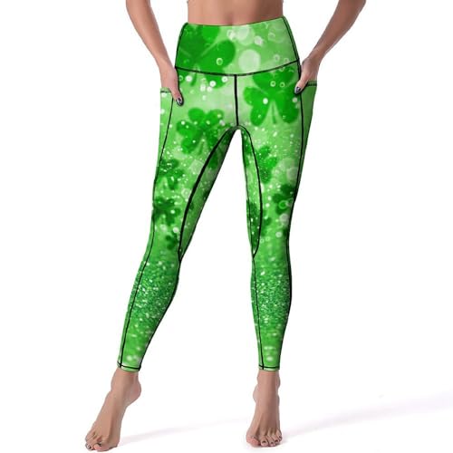 Legging trèfle vert à paillettes anti-frottement et taille haute pour yoga