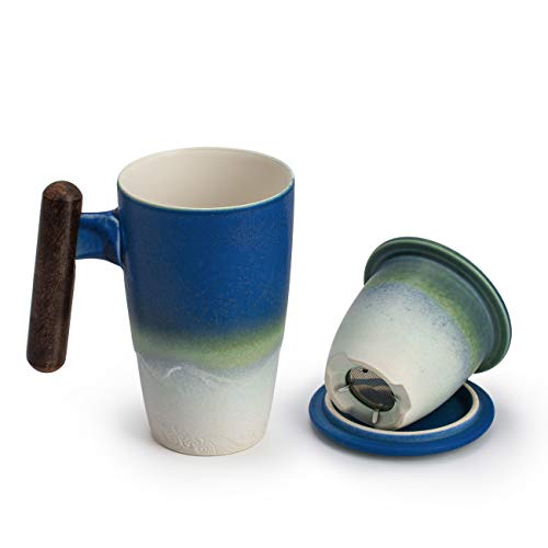 Tomotime Ceramic Tea Cup with Infuser and Lid Tea Mugs Wooden Handle 400ml/13.4oz Cyan Blue