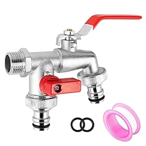 Premium Dubbele Kraan 1/2 inch ‎CTDMJ Tuinkraan Dubbele Uitloopkraan Gemaakt Van Messing, Roest- en Vorstbestendig, met 2x 3/4 inch Uitlaten, 1x Rolafdichtband voor Tuin, Huishouden & Industrieel