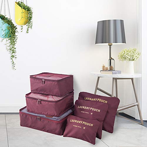 Image of Nylon AACHEN Packing Cubes for Travel Luggage Organiser Bag Compression Pouches Clothes Suitcase, Packing Organizers Storage Bags for Travel Accessories (Wine Red, 6 pcs)