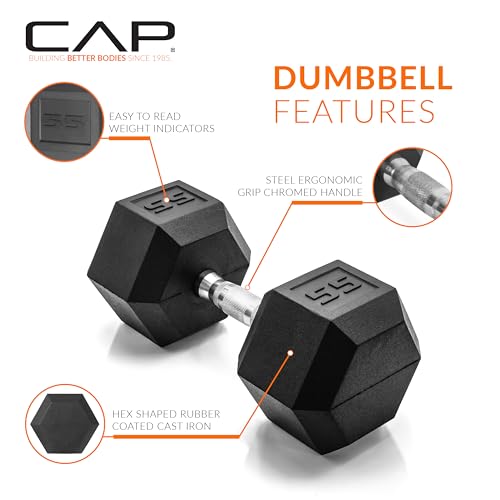 Image of CAP Rubber Coated Dumbbell Weights, Free Weights for Home Gym Strength Training, Anti-Roll Hex Dumbbells with Black, Chrome & Comfort Grip Handles, Singles